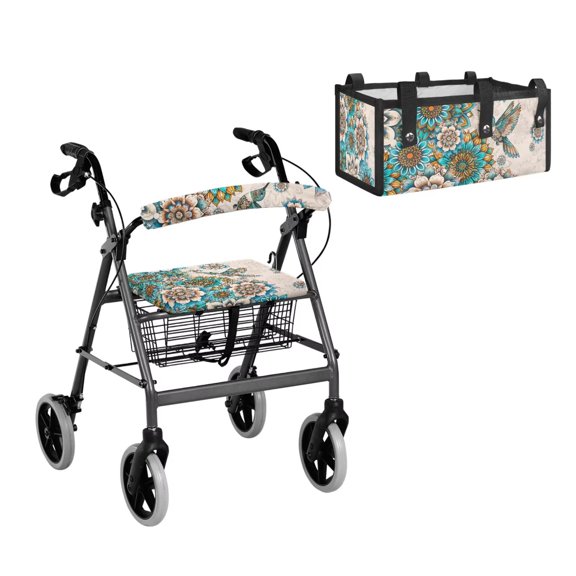 TSOVTHRID Boho Mandala Hummingbird Print Walker Accessories Set of 3, Lightweight Rollator Walker Seat & Backrest Covers with Easy to Install Storage Under Seat Bag,