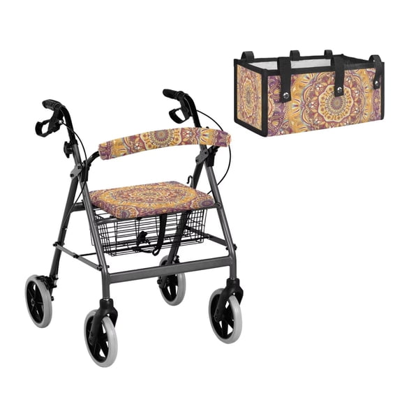 TSOVTHRID Boho Mandala Pattern 3 Piece Set Walker Accessories, Soft Rollator Walker Seat and Backrest Covers Easy to Install Underseat Pouch Storage Bag