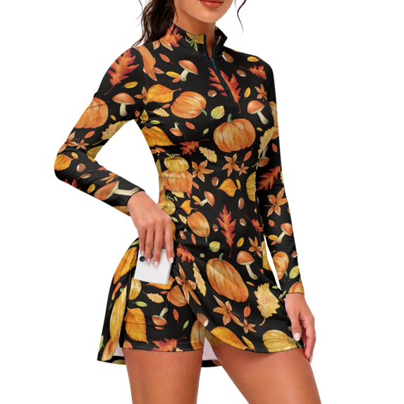 TSOVTHRID Breathable Athletic Dress for Workout, Swimwear Fabric Slim Flattering Fit Lightweight Mini Dress, Mushroom and Pumpkin Pattern, Size XX-Large
