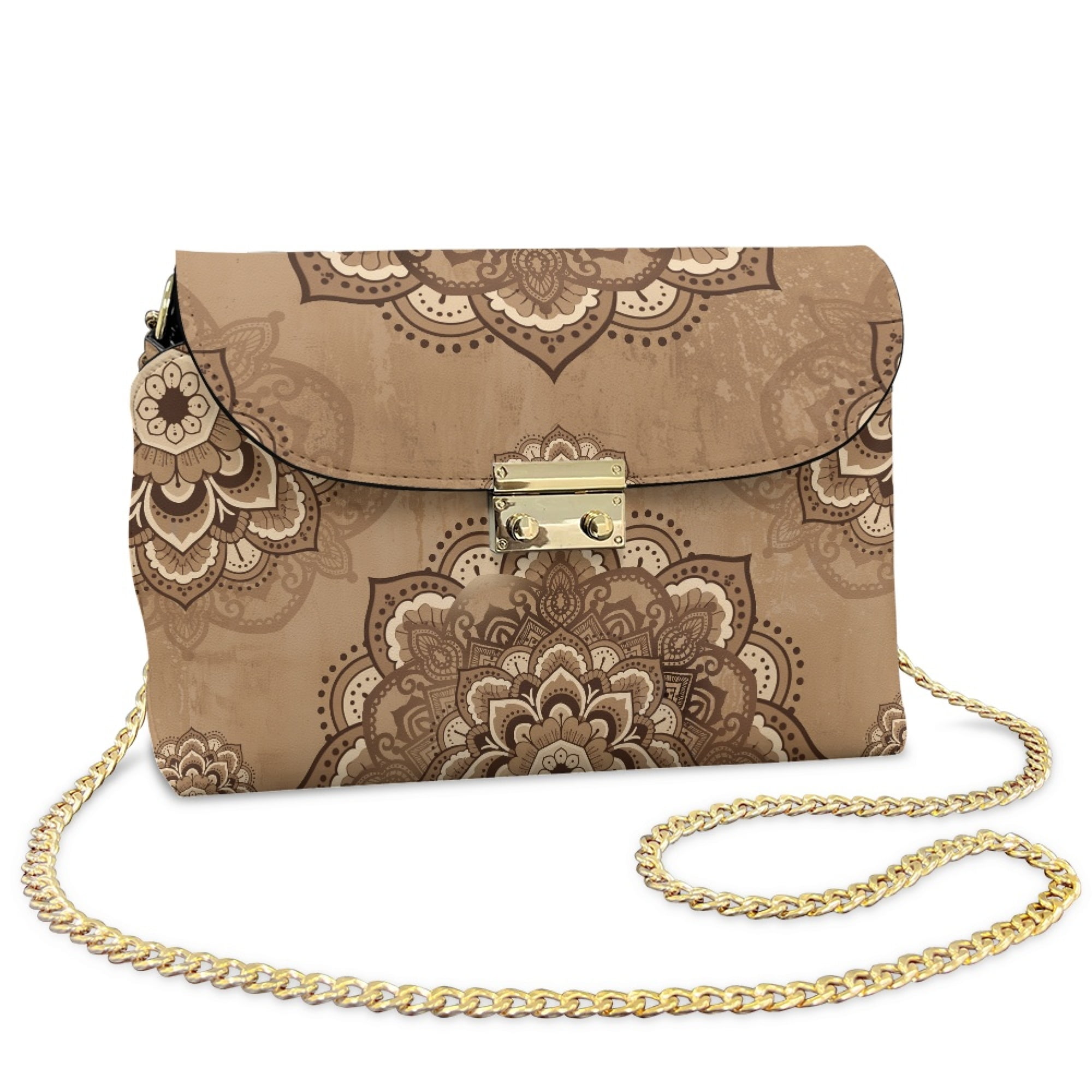 TSOVTHRID Brown Boho Mandala Flower Print Crossbody Purse for Women Leather Daily Small Purses Minimalist Women's Crossbody Handbags Metal Buckle Shoulder Bags with Chain Strap