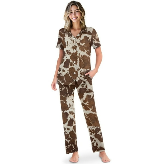 TSOVTHRID Brown Cow Pattern Print Pajama Set for Women Button Down Sleepwear With Long Pants Soft Lounge Set for Women Short Sleeve Pj Sets, Size L