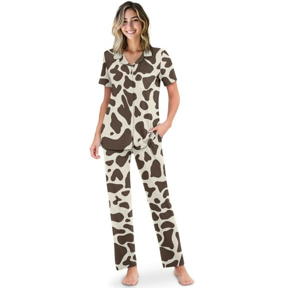 TSOVTHRID Brown Cow Print Pajama Set for Women Notch Collar Nightwear Short Sleeve Pjs with Long Pants Soft Loungewear, Size M