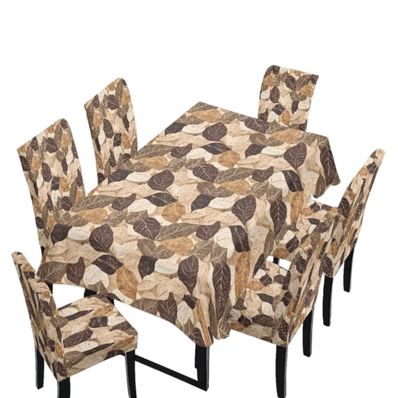 TSOVTHRID Brown Leaf Print 7 Pieces Set Tablecloth and Chair Covers for Banquet Party Decor Washable Rectangle Table Cloth and Dining Chair Slipcovers for Dining Room