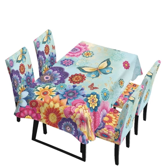 TSOVTHRID Butterfly Boho Mandala Floral Print Table Cloth with Dining Chair Slipcovers Set Rectangle Tablecloth Stretchable Anti-Dust Chair Protector Cover Kitchen Decor, 5 Pcs