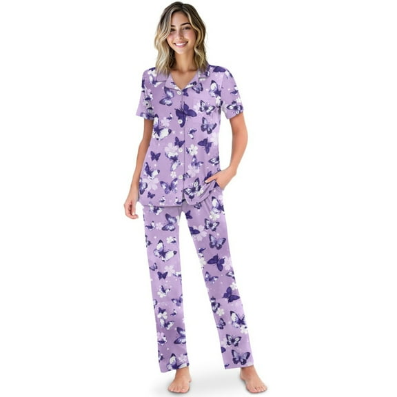 TSOVTHRID Butterfly Cherry Blossoms Print Women's Pajama Sets Notch Collar Loungewear with Long Pants Button Down Sleepwear, Size M