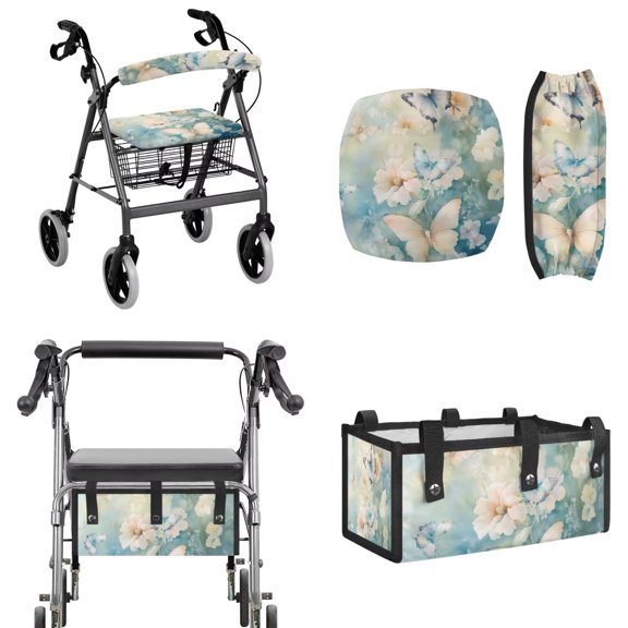 TSOVTHRID Butterfly Flower Pattern 3 Piece Walker Accessories Set, Elastic Rollator Walker Seat and Backrest Covers with Under Seat Storage Bag Set of 3