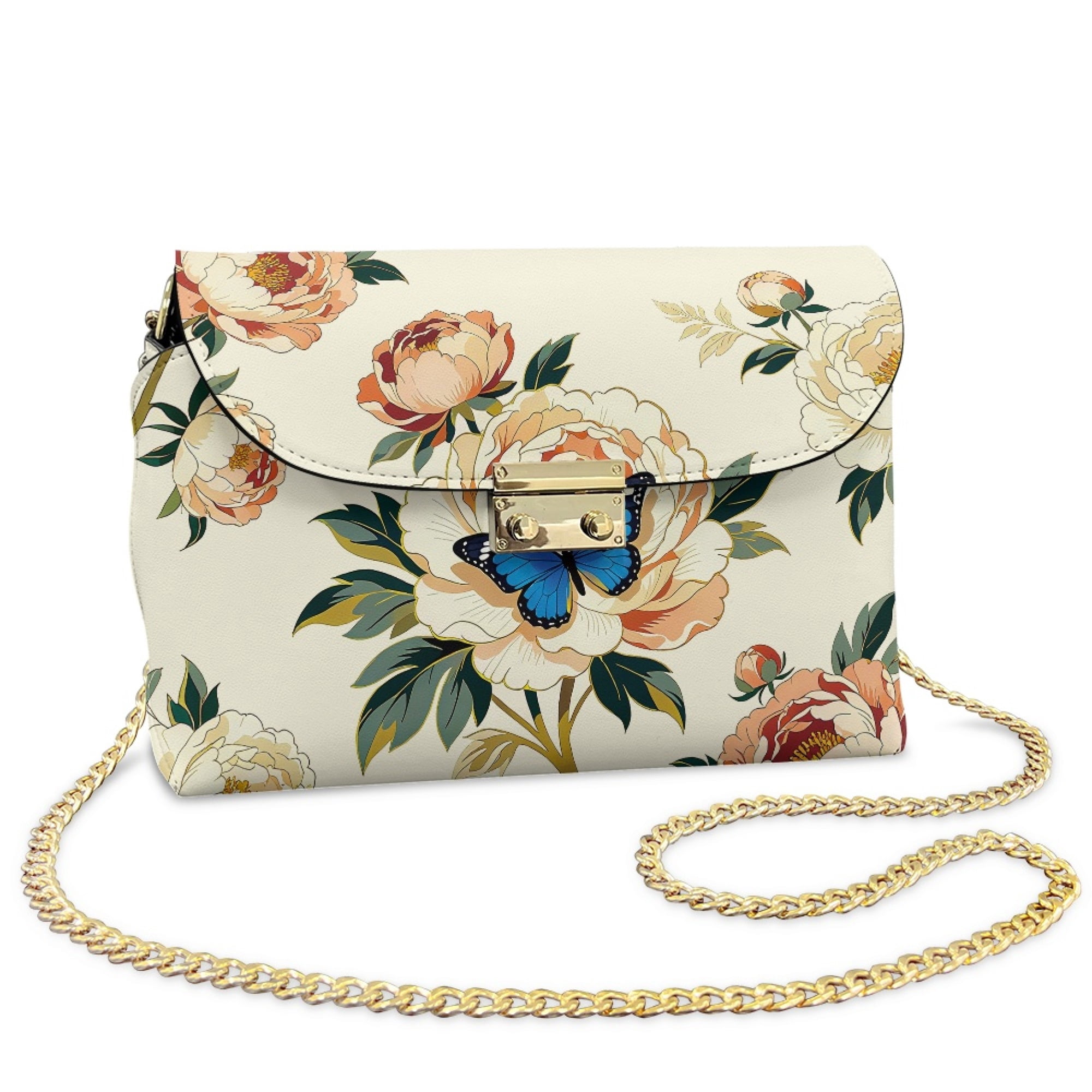 TSOVTHRID Butterfly Peony Flower White Print Small Crossbody Purse for Women Trendy Leather Crossbody Bag Going-out Shoulder Handbags with Detachable Chain Strap