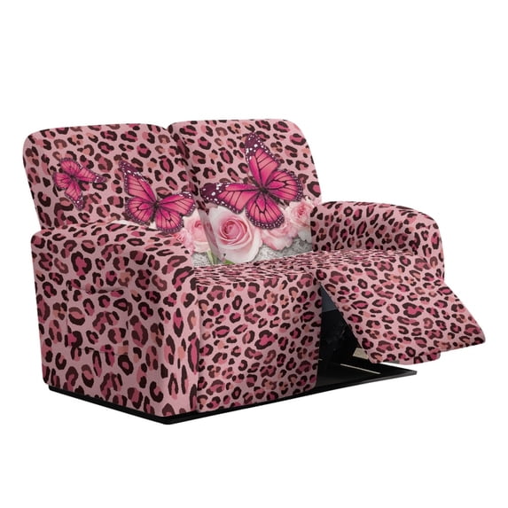 TSOVTHRID Butterfly Rose Leopard Print 6-Piece Loveseat Recliner Slipcover Stretch Recliner Sofa Cover with Side Pocket Pink Couch Furniture Protector for Dogs