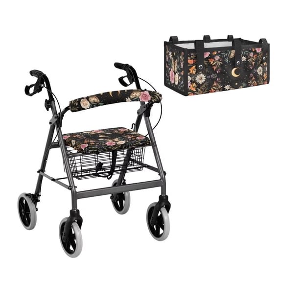TSOVTHRID Butterfly Rose Moon Pattern 3 Piece Set Walker Accessories, Elastic Rollator Seat Cover & Backrest Covers Portable Walker Storage Under Seat Bag