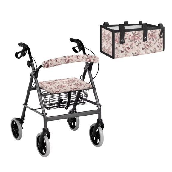 TSOVTHRID Butterfly Rose Pattern Walker Accessories 3 Piece Set, Washable Walker Seat and Backrest Covers Rollator Under Seat Storage Bag Set of 3