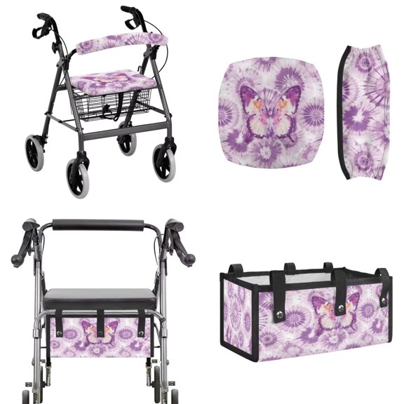 TSOVTHRID Butterfly Tie Dye Pattern 3 Piece Walker Accessories Set, Washable Rollator Walker Seat and Backrest Covers with Under Seat Storage Bag Set of 3