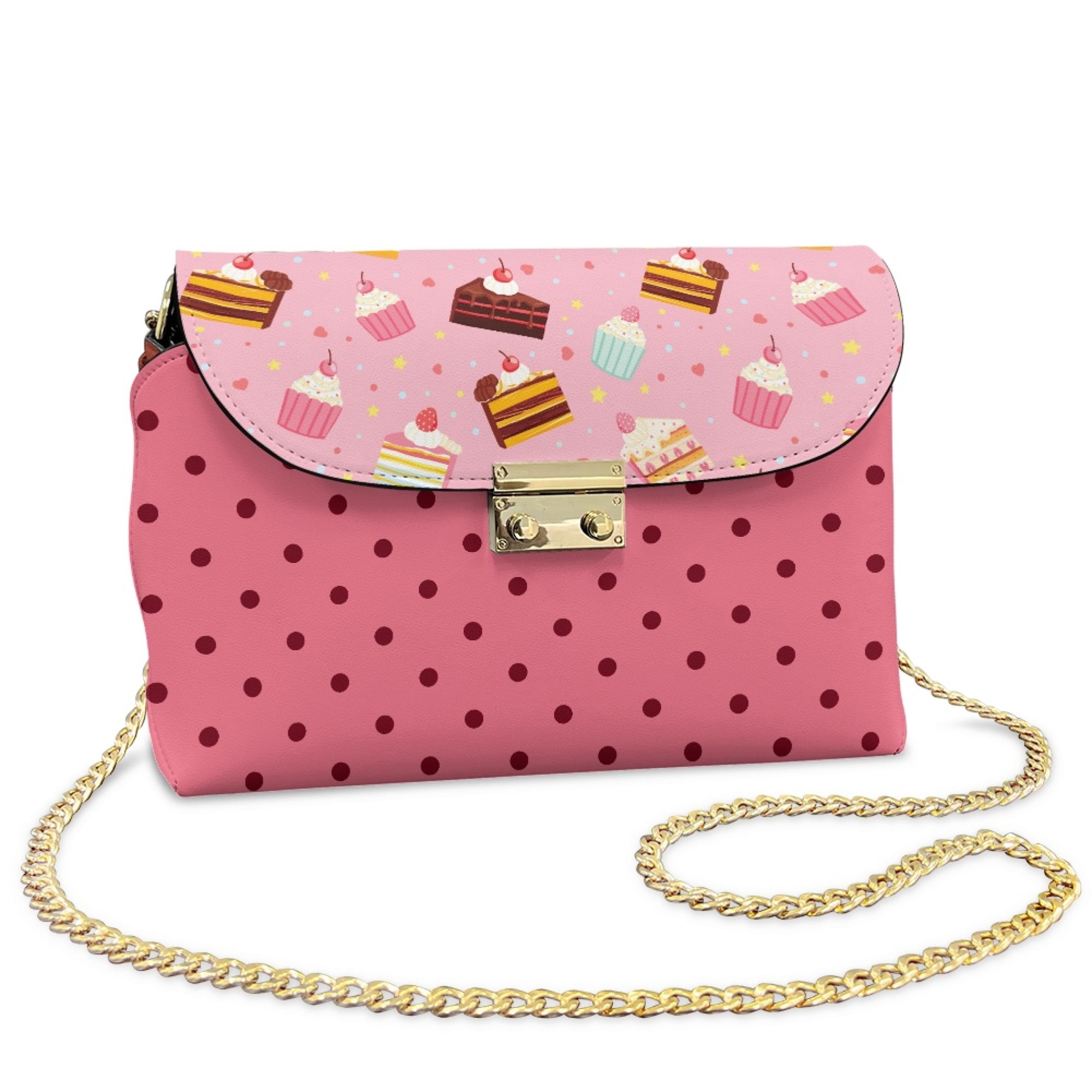 TSOVTHRID Cake Cupcake Print Small Crossbody Bag Trendy PU Leather Crossbody Purse with Detachable Strap Pink Polka Dot Lightweight Women's Shoulder Handbag