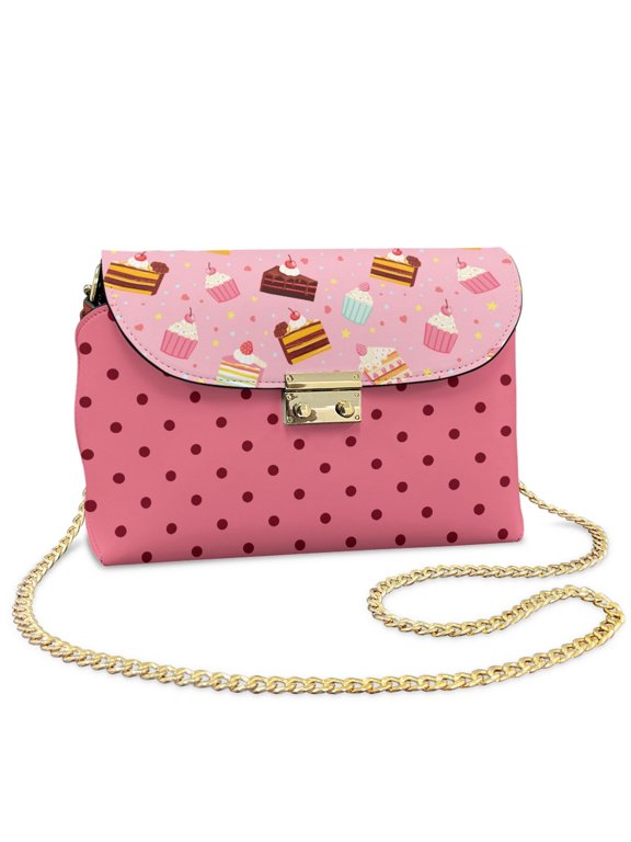 Cake Cupcake Print Small Crossbody Bag Trendy PU Leather Crossbody Purse with Detachable Strap Pink Polka Dot Lightweight Women's Shoulder Handbag
