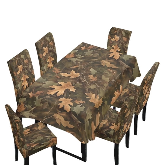TSOVTHRID Camouflage Hunting Print 1 Tablecloth and 6 Chair Covers Set Removable Slipcovers Stain-Resistant Furniture Covers for Wedding Banquet Party Decoration