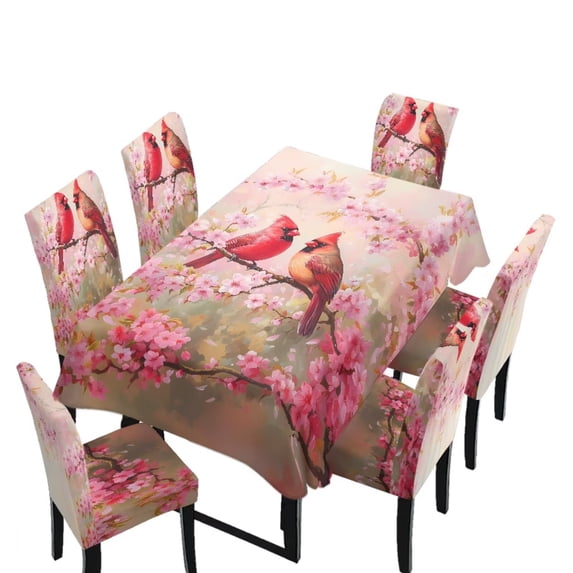 TSOVTHRID Cardinal Cherry Blossom Print 7 Pcs Table Cloth with Chair Covers Set Easy-Clean Elastic Rectangle Tablecloth with Seat Slipcover Set of 6 for Home Restaurant Hotel Decor
