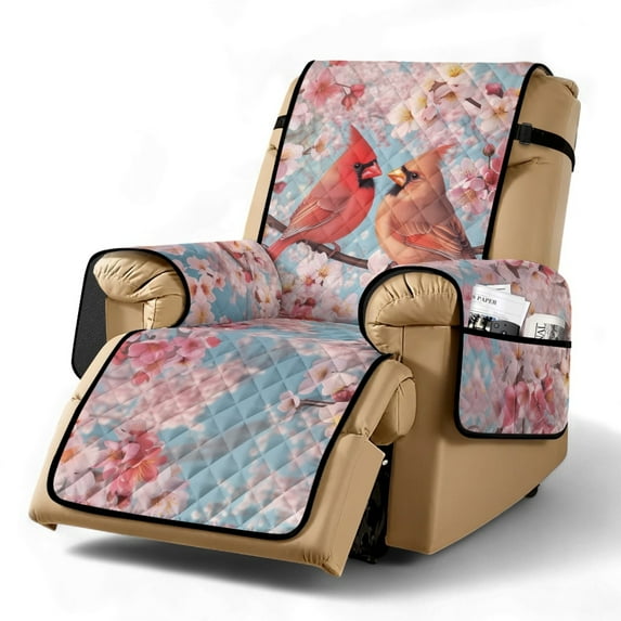 TSOVTHRID Cardinal Cherry Blossom Print Recliner Chair Covers Recliner Slipcover Non-Slip Dog Chair Cover Washable Lazy Boy Recliner Cover Furniture Protector with Elastic Strap