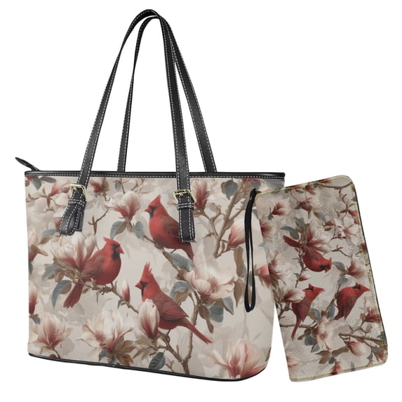 TSOVTHRID Cardinal Floral Print Tote Bag with Wallet, Shoulder Bags for Women Top Handle Handbag with Purse 2 PCS Set, Gray Large Casual Hobo Purse PU Wallet with Wristlet