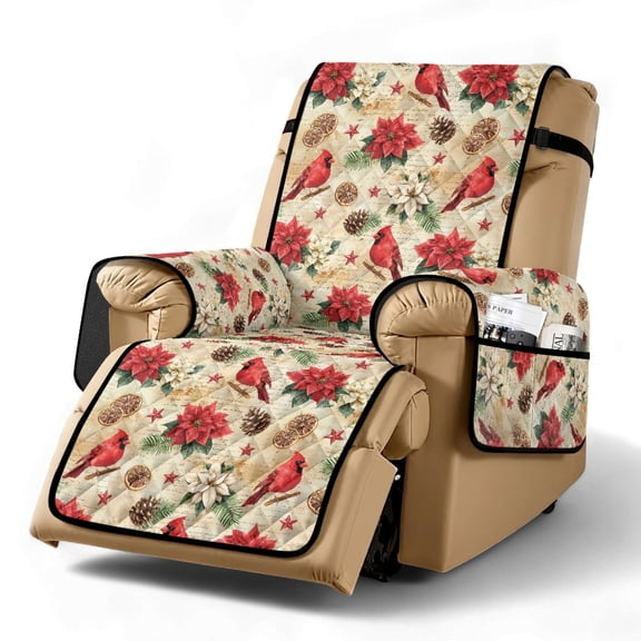 TSOVTHRID Cardinal Poinsettia Pinecone Print Recliner Covers Recliner Sofa Cover Furniture Protector Recliner Chair Covers with Elastic Strap Washable Dog Couch Recliner Cover for Christmas Decor
