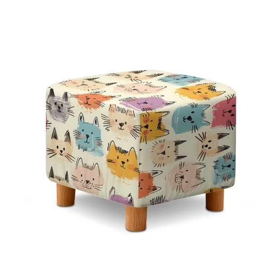 TSOVTHRID Cartoon Cat Doddle Print Ottoman Slipcover Square Stretch Ottoman Covers for Folding Storage Stool Soft Foot Stool Cover with Elastic Bottom for Home Decor