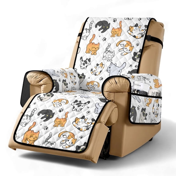 TSOVTHRID Cartoon Cat White Print Recliner Cover with Pocket Single Reclining Slipcover Non-Slip Lazy Boy Recliner Armchair Cover with Elastic Strap Furniture Protector for Pet