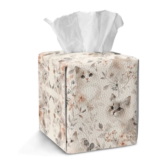 TSOVTHRID Cat Cherry Blossom Pattern Square Tissue Box Cover, PU Leather Facial Paper Oraganizer Dispenser Easy to Clean Tabletop Tissue Decorative for Dining Room Bathroom