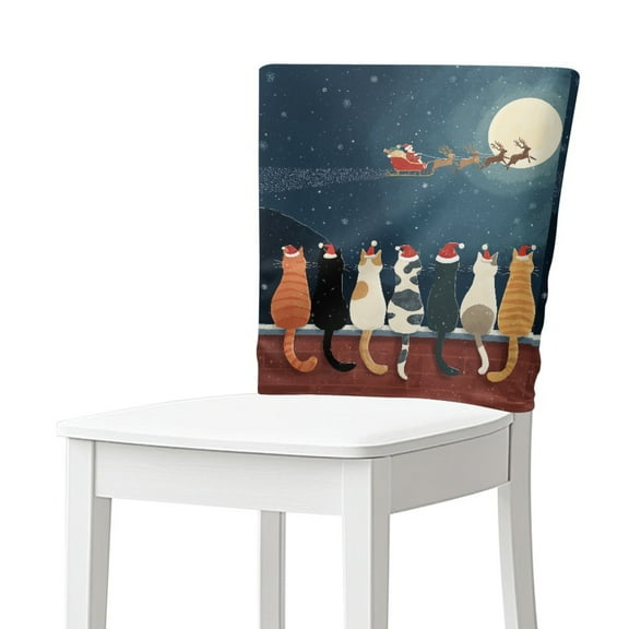 TSOVTHRID Cat Christmas Sled Moon Print Washable Kitchen Chair Back Cover Chair Back Protector Cover Breathable Dining Room Chairs Slipcover for Weeding Banquet Party Christmas Decor, Set of 1