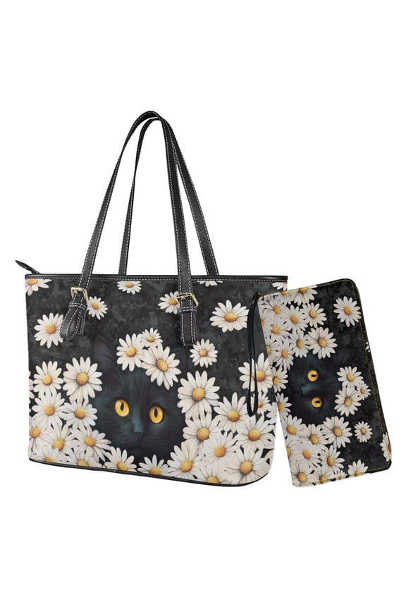 Cat Daisy Camo Print Purses for Women Waterproof Handbag with Matching Wallet Set Leather Shoulder Bag Black Tote Satchel with Purse for Ladies Shopping