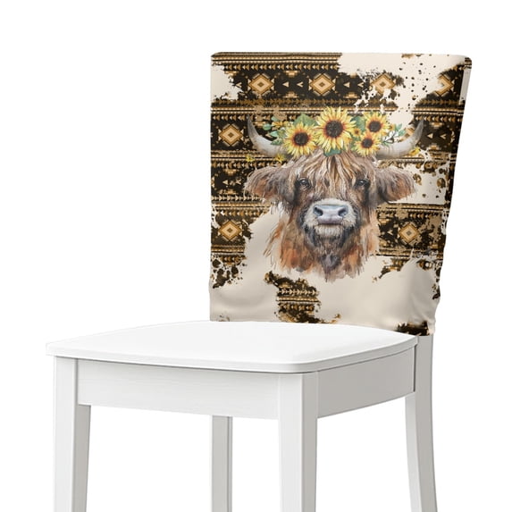 TSOVTHRID Chair Back Cover Stretchable Breathable Chairs Back Slipcovers Soft Dining Chair Protector for Dinning Room Party Festival Decor, Highland Cattle Sunflower Aztec Tribal Print, Set of 2