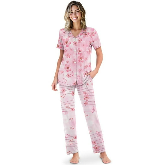 TSOVTHRID Cherry Blossom Music Note Print Pajama Set for Women Soft Two-Piece Nightwear Short Sleeve Sleepwear with Long Pants Button Down Lounge Set, 2XL