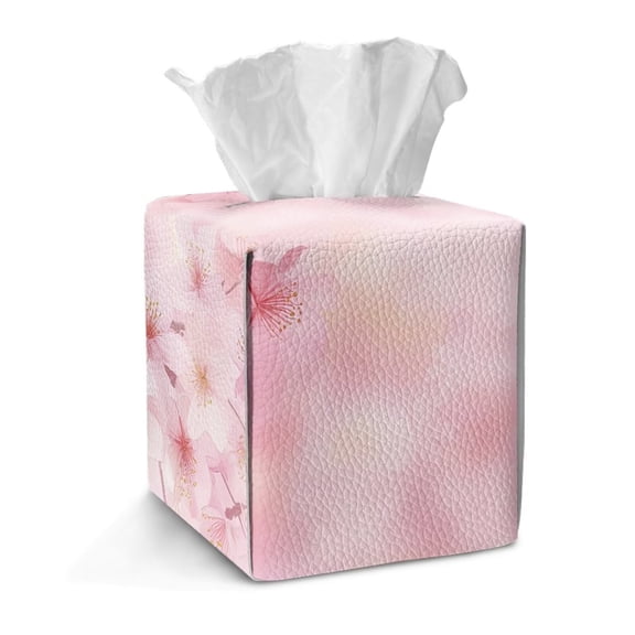 TSOVTHRID Cherry Blossom Pattern Tissue Box Cover Holder, Easy to Clean Tissue Holder Container PU Leather Disposable Square Tissue Box Cover for Home Office Car Decor