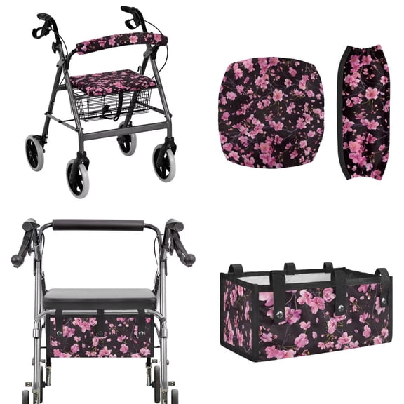 TSOVTHRID Cherry Blossom Print Walker Accessories Set of 3, Stretchy Rollator Walker Seat and Back Rest Covers Foldable Underseat Storage Bag Fit for Most Rollator