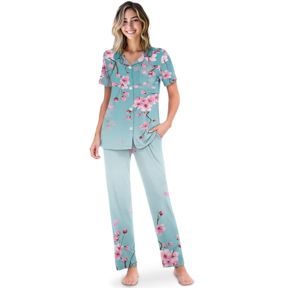 TSOVTHRID Cherry Blossom Print Women's Pajama Sets Short Sleeve Loungewear with Long Pants Soft Button Down Pajama Sets Notch Collar Sleepwear with Pockets, Size 2XL