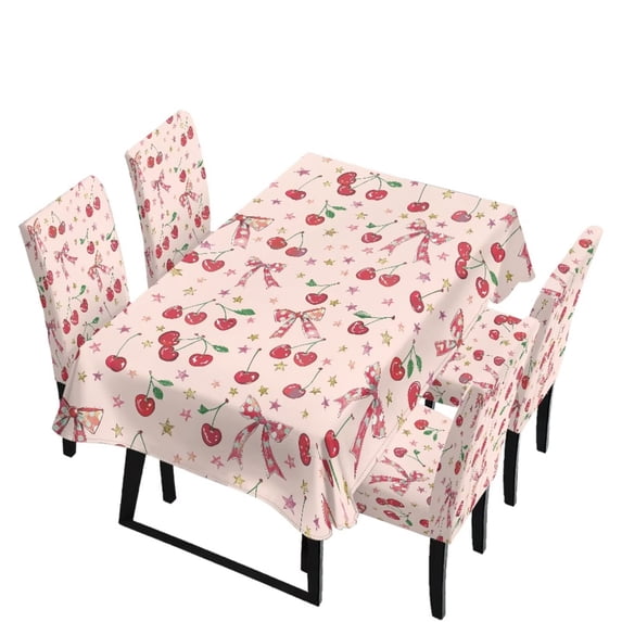 TSOVTHRID Cherry Bowknot Star Print Fitted Tablecloth with Chair Covers Set, Washable Dining Room Chair Covers Set of 5 with Table Cover for Home Hotel Restaurant