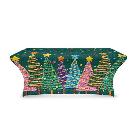 TSOVTHRID Christmas Tree Embroidery Print Stretch Polyester Table Cloth, Rectangular Tablecloth Protector, Washable and Wrinkle Resistant Table Cover for Wedding, Party Christmas Decor