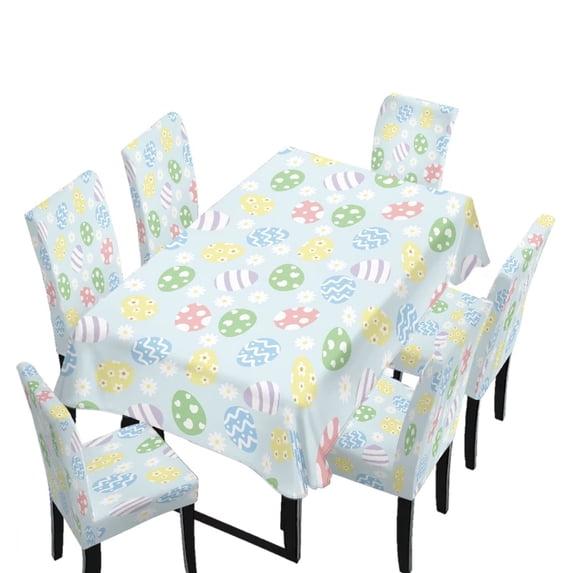 TSOVTHRID Colorful Easter Eggs Print Tablecloth with Stretch Dining Chair Slipcover Set Washable Chair Protector Cover Table Cloth for Banquet Party Home Easter Decor, 7 Pcs