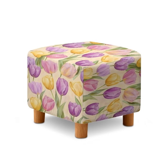TSOVTHRID Colorful Tulip Floral Print Ottoman Cover Stretch Square Ottoman Slipcover for Foot Stool, Anti-Scratch Folding Storage Furniture with Elastic Bottom for Living Room Easter Decor