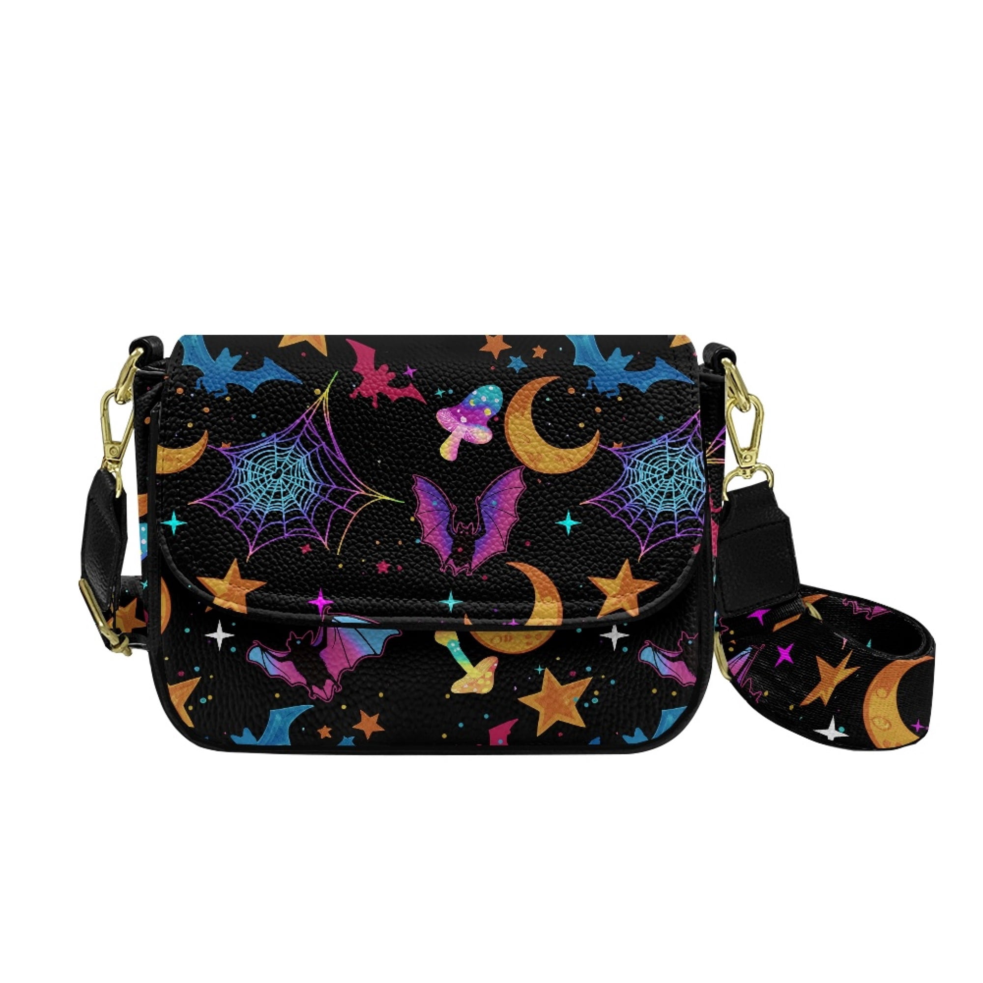 TSOVTHRID Crossbody Bags for Women Trendy, Small Shoulder Handbags, PU Leather Cross Body Purses with Zipper Inner Pocket, Bat Cobweb Moon Star Mushroom Print
