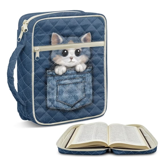 TSOVTHRID Cute Cat Denim Blue Print Bible Covers Church Bags for Christian, Bible Case with Pockets and Zipper, Lightweight Quilted Bibles Protective Cover Gift for Women Men