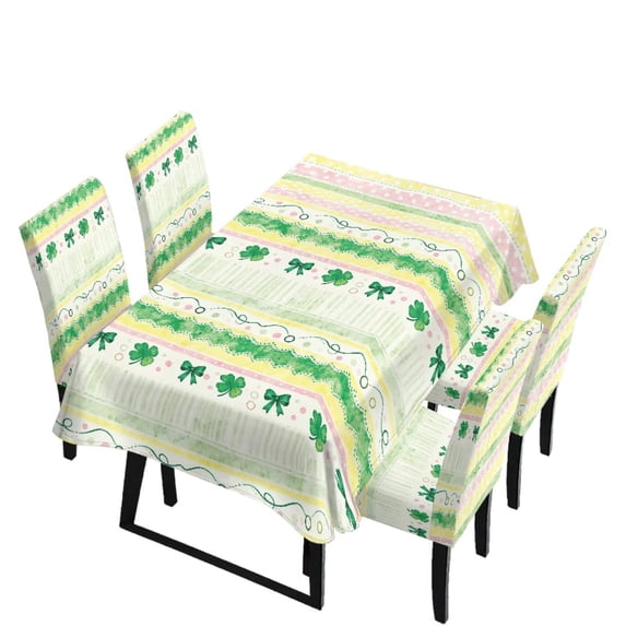 TSOVTHRID Cute Shamrock Bowknot Stripe Print 5 Pcs Dining Chair Covers and Tablecloth Set, Stain Resistant Table Cloth Dining Chair Slipcovers for Holiday Festival St. Patrick's Day Decoration