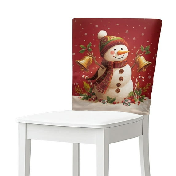 TSOVTHRID Cute Snowman Bell Print Removable Chair Back Cover Chair Back Slipcovers Stretch Polyester Fabric Chairs Cover for Dining Room Kitchen Party Ceremony Christmas Decor, Set of 2