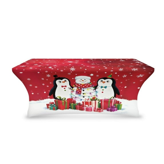 TSOVTHRID Cute Snowman Penguin Print Table Cloth 6FT, Elastic Fitted Stretch Tablecloths, Washable and Wrinkle Free Rectangular Table Cover for Outdoor, Banquet, Parties Christmas Decor