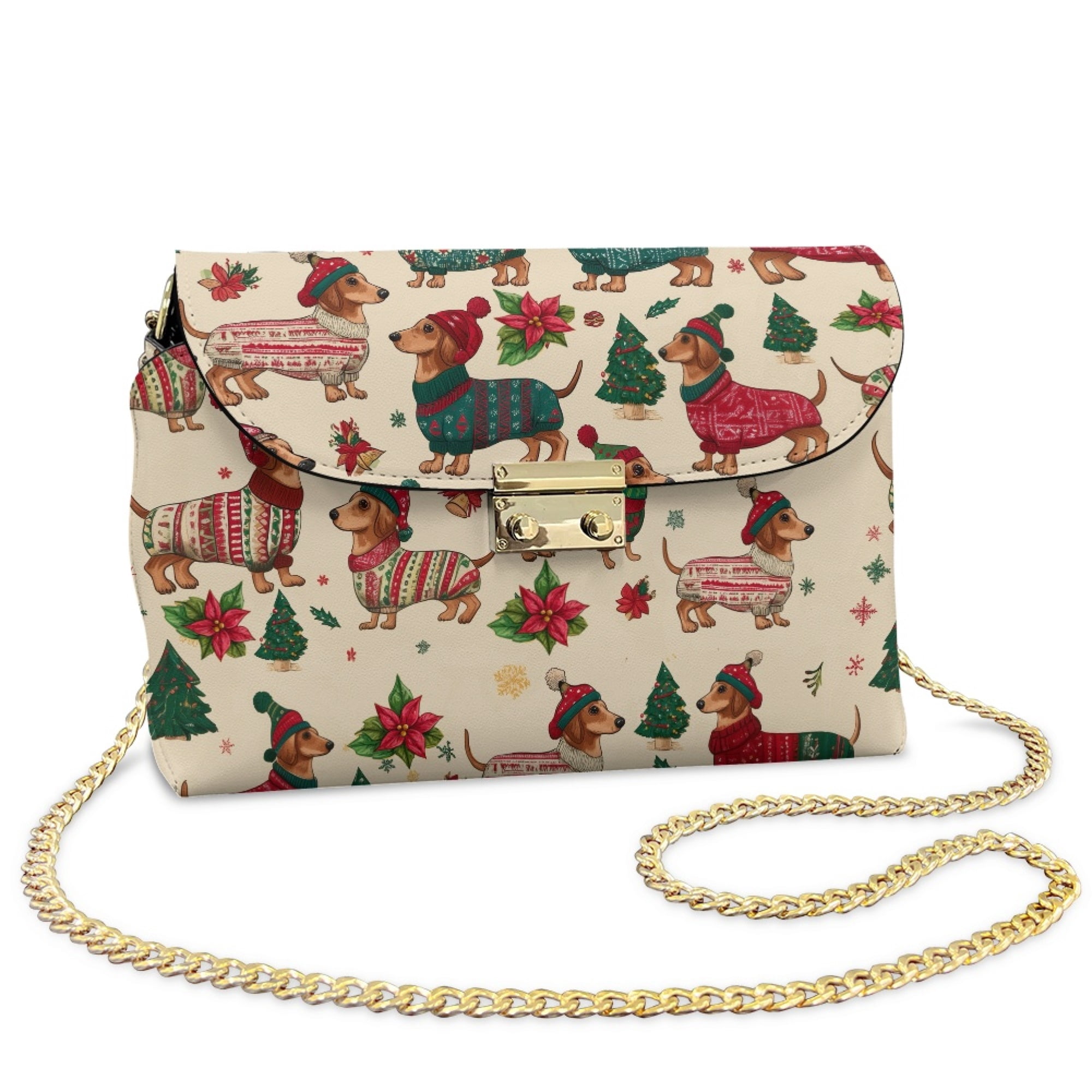 TSOVTHRID Dachshund Dog Christmas Tree Print Crossbody Bags for Women PU Leather Crossbody Handbags Purses Christmas Crossover Shoulder Bag with Chain Strap