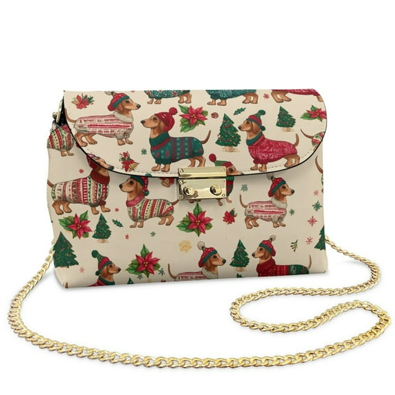 TSOVTHRID Dachshund Dog Christmas Tree Print Crossbody Bags for Women PU Leather Crossbody Handbags Purses Christmas Crossover Shoulder Bag with Chain Strap