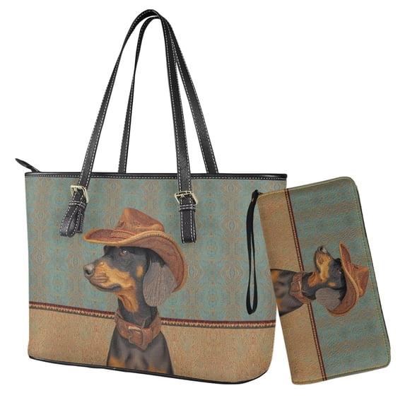 TSOVTHRID Dachshund Dog Cowboy Print Handbag and Wallet Top Handle Purse with PU Matching Wallet, Tote Shoulder Bag Top Handle Bag Satchel Handbag for Women Shopping Working