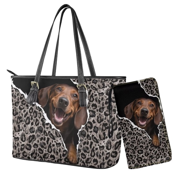TSOVTHRID Dachshund Dog Print Purses for Women Tote Bag with Wallet, Purse and Wallet Set for Women Large Top Handle Purse Casual Gray Leopard Handbag Hobo Bag for Shopping