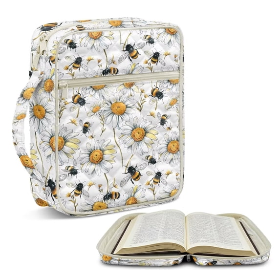 TSOVTHRID Daisy Floral Bee Print Bible Case Church Bag for Women Men, Bible Protective Cover with Handle, Practical White Bibles Study Supplies Accessories, 10.6 x 8.3 x 2.2 Inch