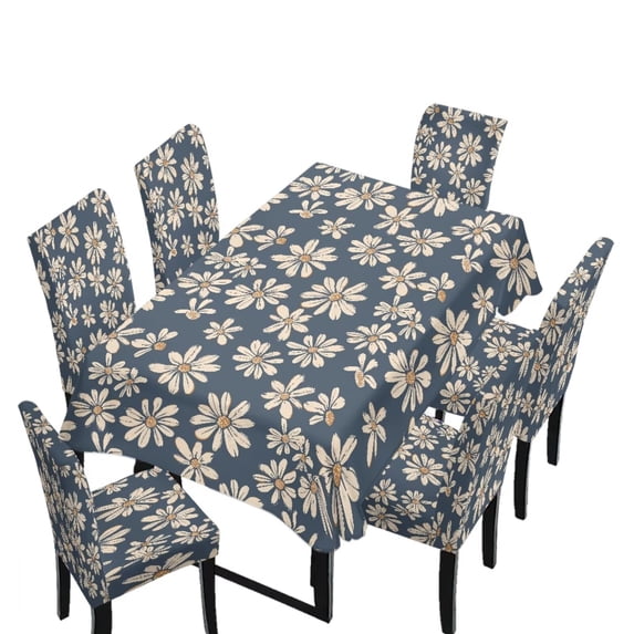 TSOVTHRID Daisy Floral Print 7 Pcs Tablecloth and Chair Covers Set, Stretchable Washable Table Cover with Chair Slipcovers for Home Hotel Banquet Wedding Party Decor