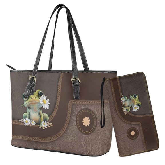 TSOVTHRID Daisy Frog Print Handbag with Wallet Set for Women Tote Satchel Shoulder Purse with Matching Wristlet Wallet PU Leather Top Handle Handbag with Purse Set, Brown