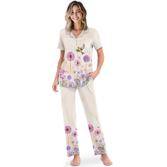 TSOVTHRID Dandelion Daisy Hummingbird Print Women's Pajama Sets Soft Short Sleeve Nightwear with Long Pants Button Down Two-Piece Sleepwear, Size L