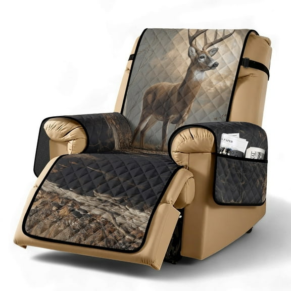 TSOVTHRID Deer Camo Hunting Print Recliner Chair Covers Lazy Boy Recliner Covers Stay in Place Couch Cover Slipcovers Non-Slip Furniture Protector with Elastic Strap for Dog